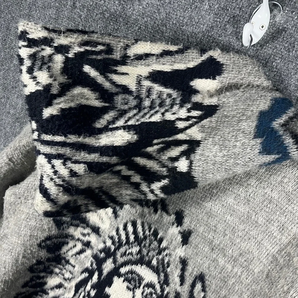 Rumiñahui Wool Zip Hoodie Men XL Grey Native American Chief Wolf Ecuador Sweater